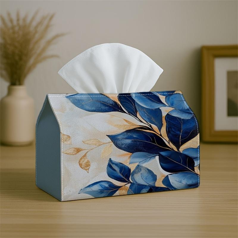 1pc Tissue Box Holder Featuring a Stylish And Modern Design In Blue And Golden with Botanical Illustrations, Made from Durable Polyester, Perfect for