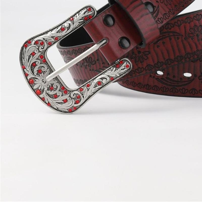 Shimmering PU Waist Belt with Carved Floral Buckle for Girls Jeans Skirt Decor