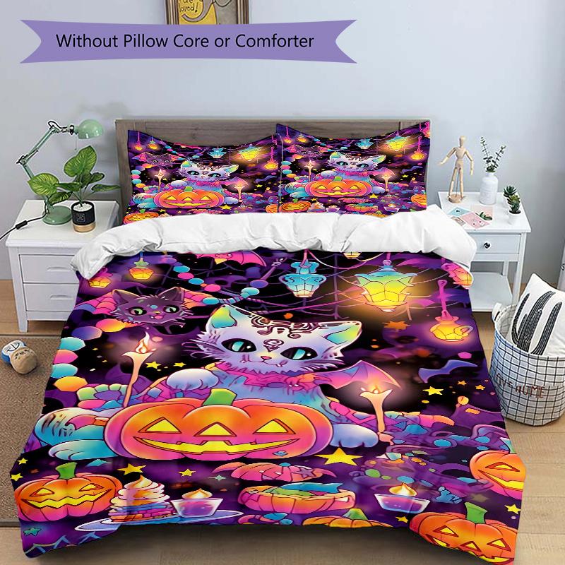 

3pcs Halloween Themed Cats Pattern Bedding Set, 1* Cover + 2*Pillowcases, Printed Bedding Set, Soft and ComfortableN051 135x200cm