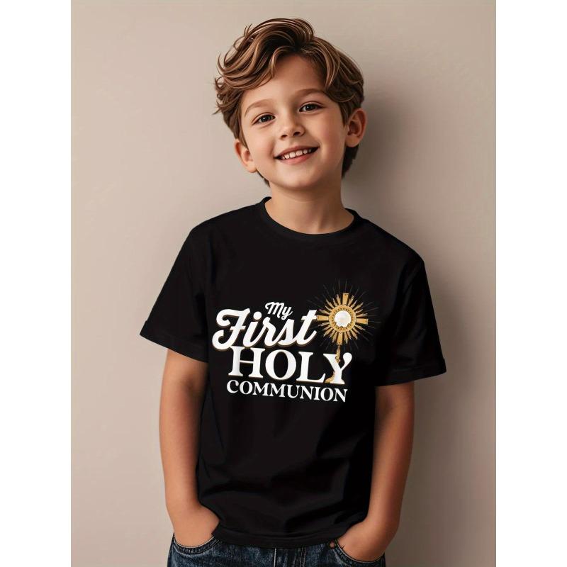 Boys Crewneck T-Shirt, My First Holy Communion Christian Catholic Graphic Print 110 чёрный