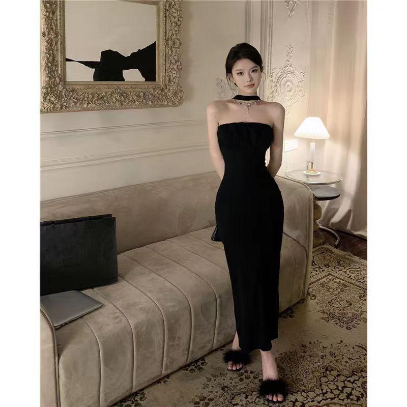 French One-Shoulder Black Bow Maxi Dress: Women's High-End Sexy Backless Hip-Hugging Summer Dress