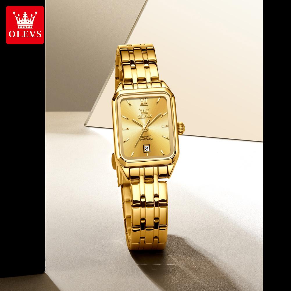 OLEVS Quartz Women's Watches Stainless Steel Square Small Gold Watch for Women Waterproof Auto Date Elegant Ladies Wristwatches