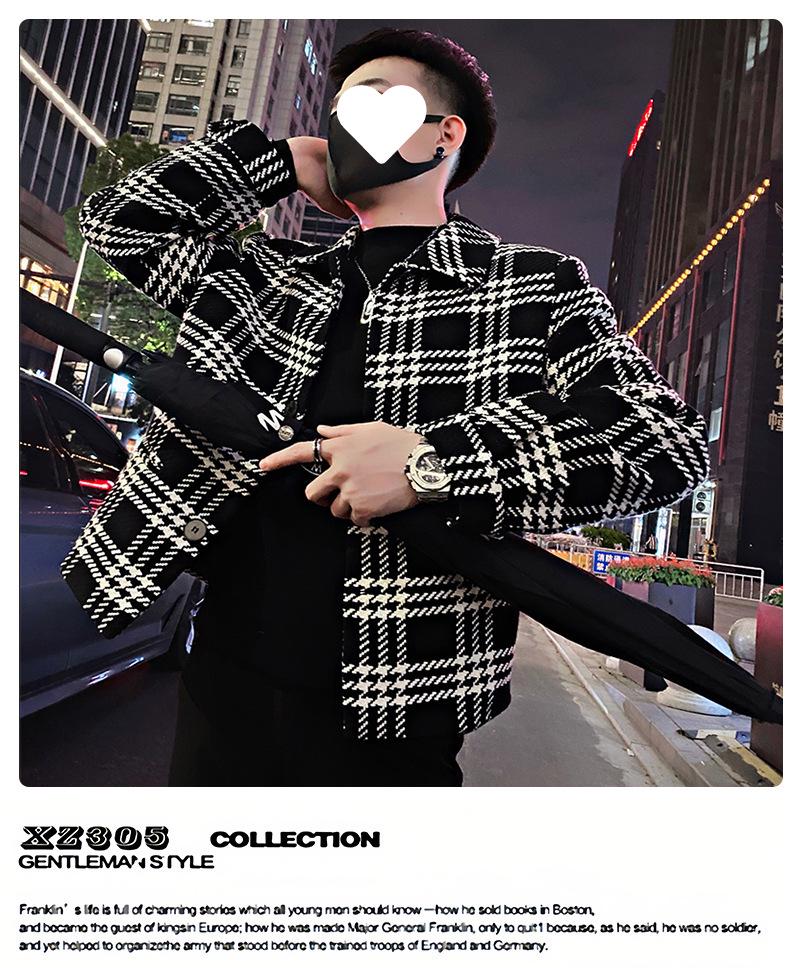 2025 Men's Autumn Plaid Jacket: Black & White Colorblock Outerwear for Young Men