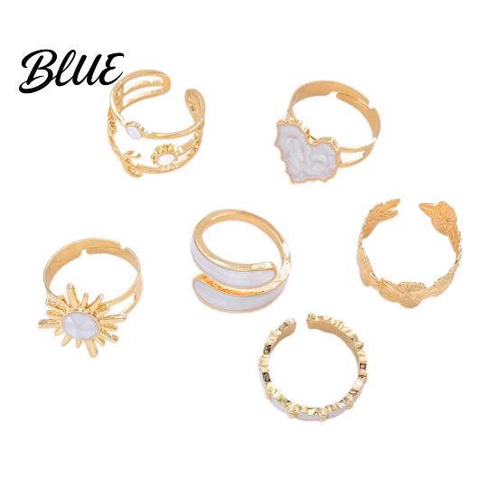 Titanium Steel Statement Rings 6Pcs Open Adjustable Flower Heart Sun