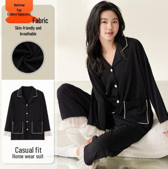 

Yue Nei Women s Black Cotton Pajama Set - Long Sleeve, Thin, Lapel Design for Spring and Autumn M (80-100 jin)
