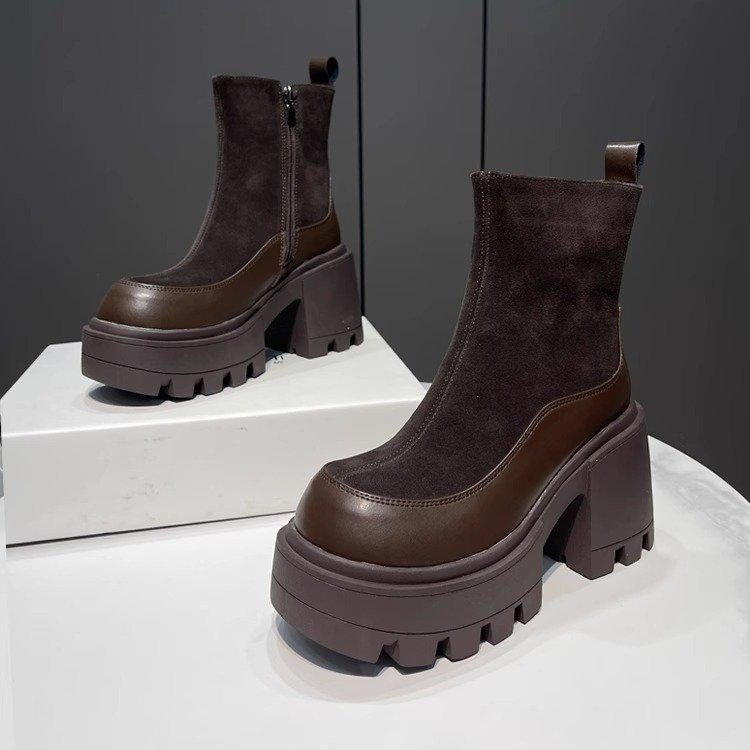 

Модная женская обувь 2024 года, новые женские ботинки на молнии, зимние, с круглым носком, однотонные, короткие, на толстой подошве, водонепроницаемые, модные, голые ботинки 36 коричневый