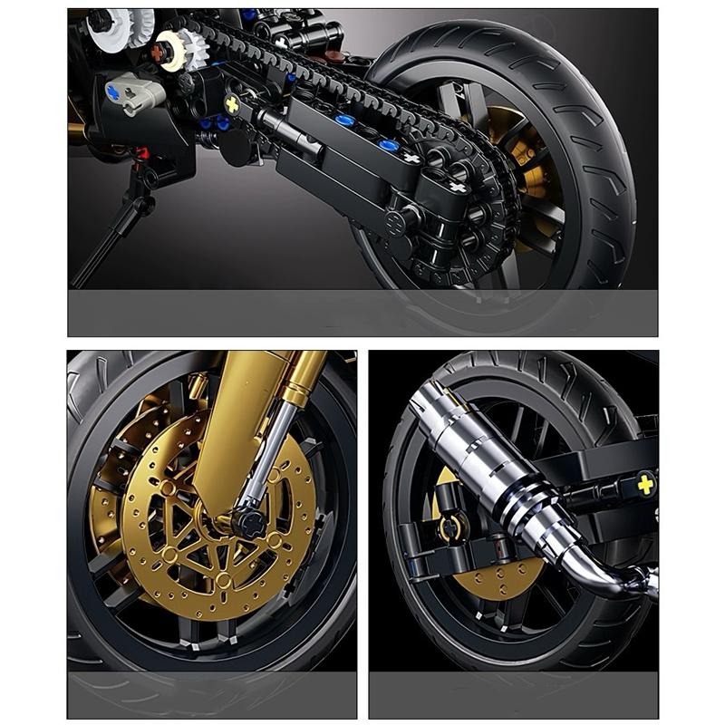 New Black Gold Motorcycle Building Blocks Assembly Cool Collection Display Model Car Kit Boy Children Toy Birthday Gift 1200+pcs