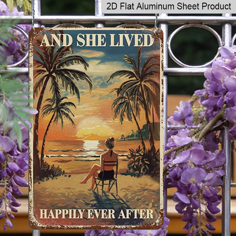 2D Flat - Retro Beach Aluminum Sign - Lady Enjoying The Shore, Ideal for Home and Bar Decoration, Wall Mounting, 7.87*11.8 Inchs, No Electricity