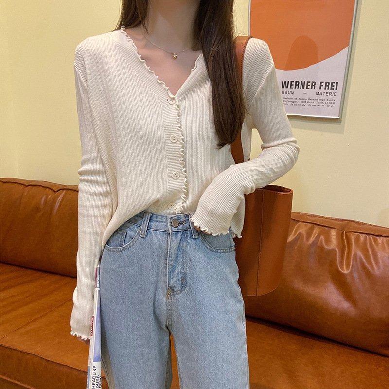 V-neck knitted cardigan solid color versatile small coat sweater spring trend women's early autumn new fungus edge