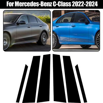 6pcs/set Glossy Black Car Pillar Posts Door Window B C Column Trim Stickers Exterior Parts For Mercedes-Benz C-Class 2022 2023 2024