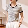 Women’s Striped Round Neck Short Sleeve T-shirt - New 2025 Summer Fashion, Combed Cotton, Versatile Color Block Design.