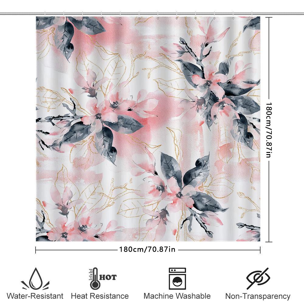 Luxury Watercolor Floral Shower Curtain Pink Black Decorative Bathroom Fabric Waterproof Liner For Bathtub Or Knees High Hangers