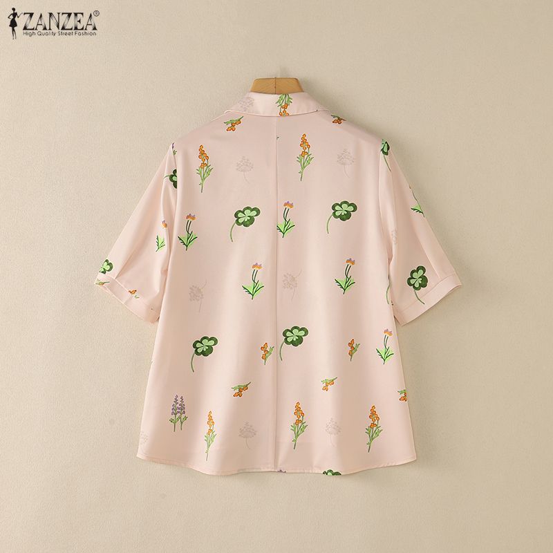 ZANZEA Women Casual Turn Down Collar Loose Half Sleeve Floral Print Blouse