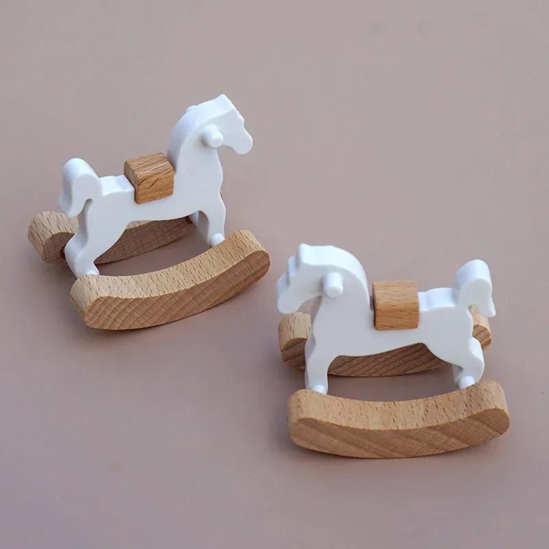 Mini Wooden Horse Toy Model Doll Decorative Accessories Simple Small Wooden Horse Rocking Horse Dollhouse Christmas Decorations