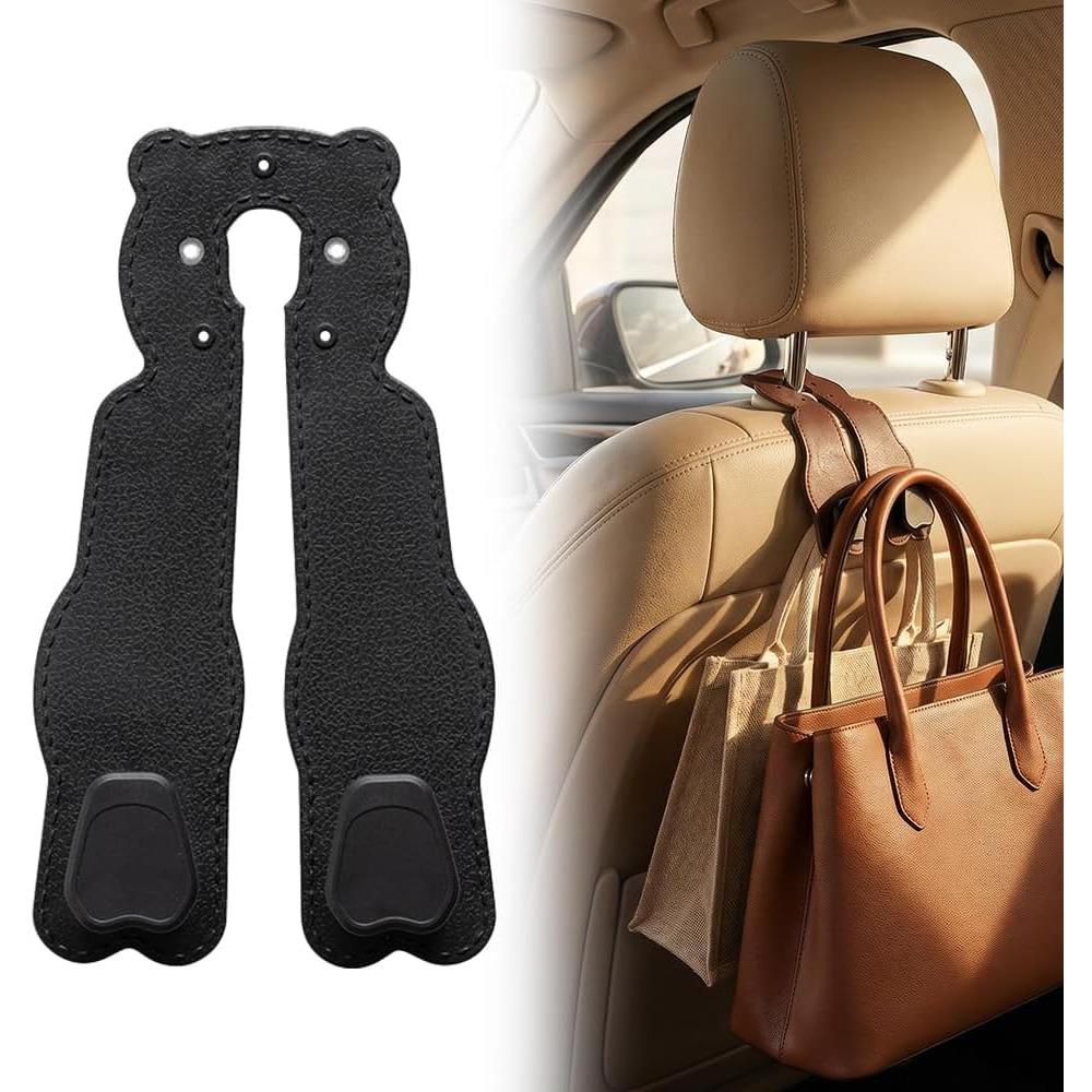 Car headrest hooks, leather-wrapped double-headed hooks, universal seat back storage bags 1pc