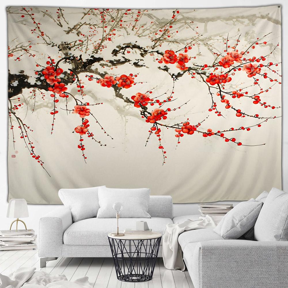 Japanese Landscape Tapestry Pink Cherry Blossom Flowers Misty Mountain Asian Scenery Home Living Room Bedroom Decor Wall Hanging