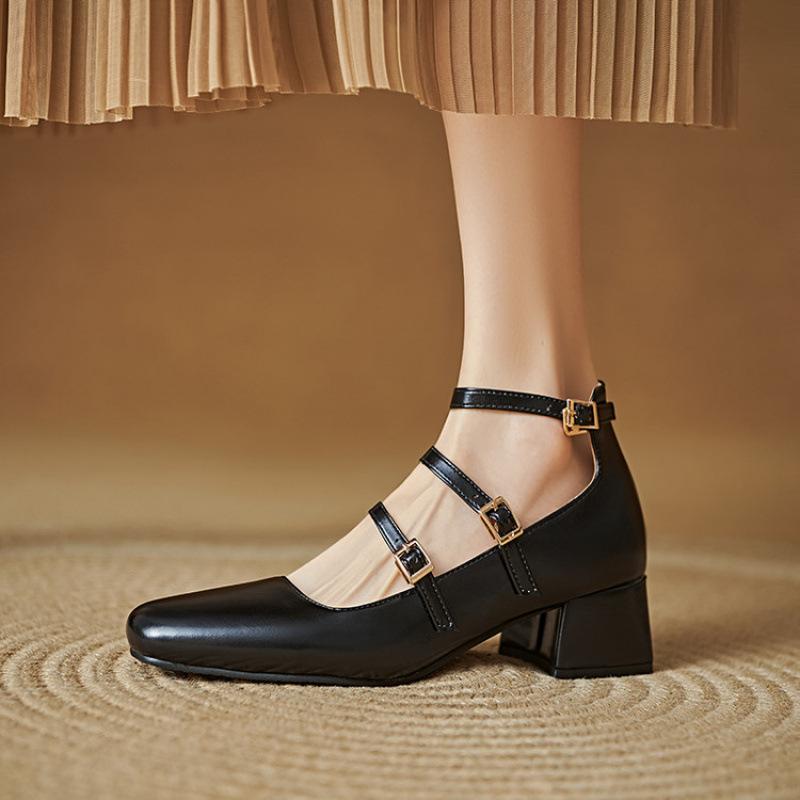 

New square heel buckle women s single shoes, small leather shoes for all seasons, square head medium heel large size shoes, rubber soft sole women s 39 чёрный