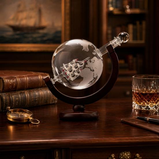 Welt Erde Karaffe Set, 850ml Schiff Whiskey Karaffe mit 2 Gläsern, Holzständer Rotierender Weinspender, Geschenk für Männer Papa