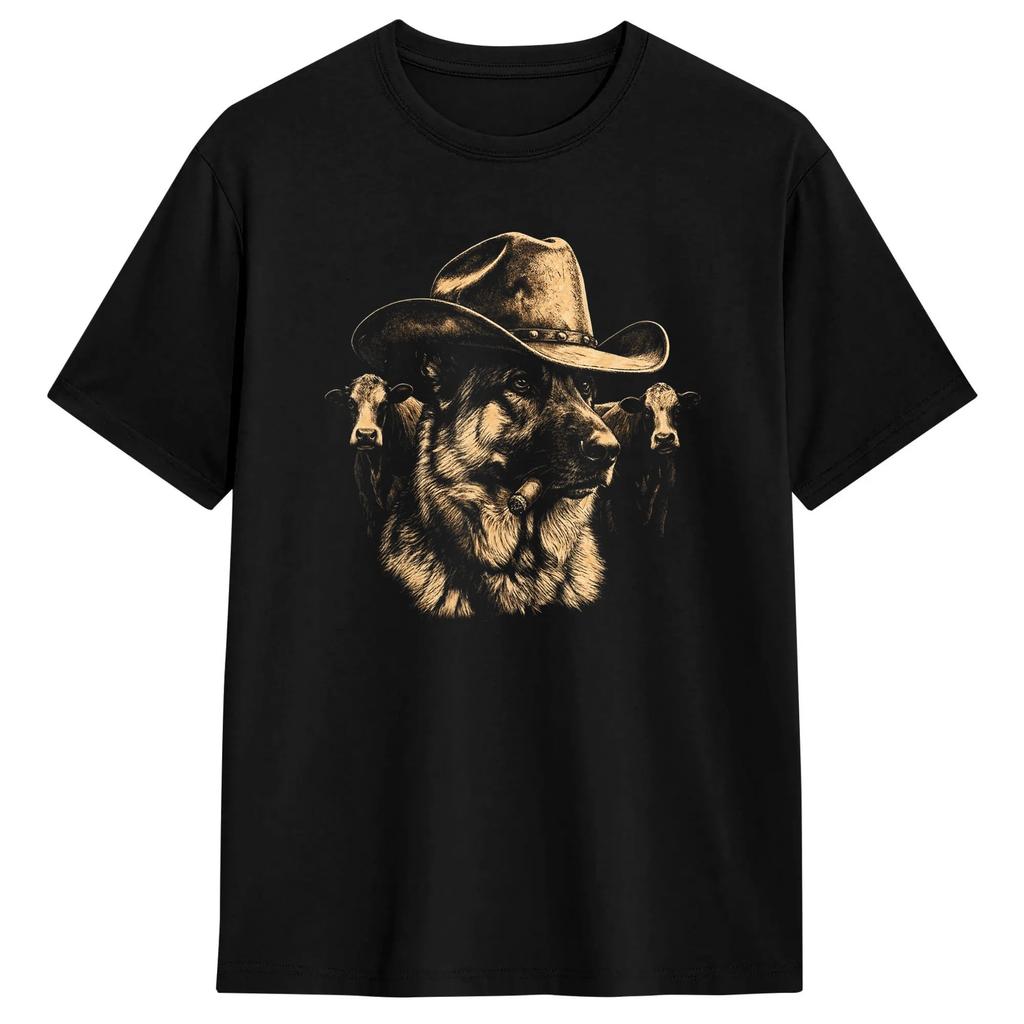 Gerunisex Shepherd Western Graphic Cowboy Dog Smoking Humor Tshirt Beach Fashion Tshirts Pure Cotton Crew Neck Plus Size Tees