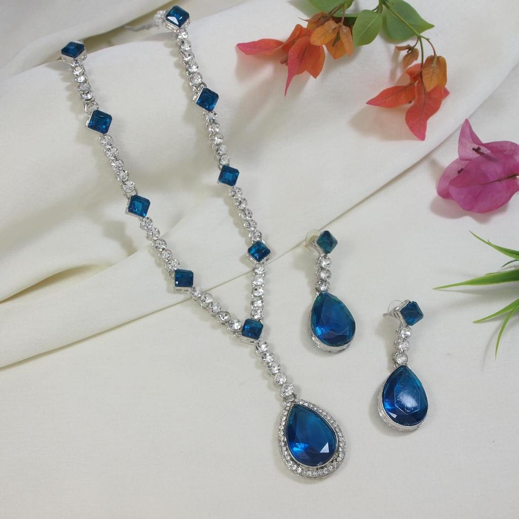 Silver Plated Crystal Drop Necklace & Earring Set For Women
