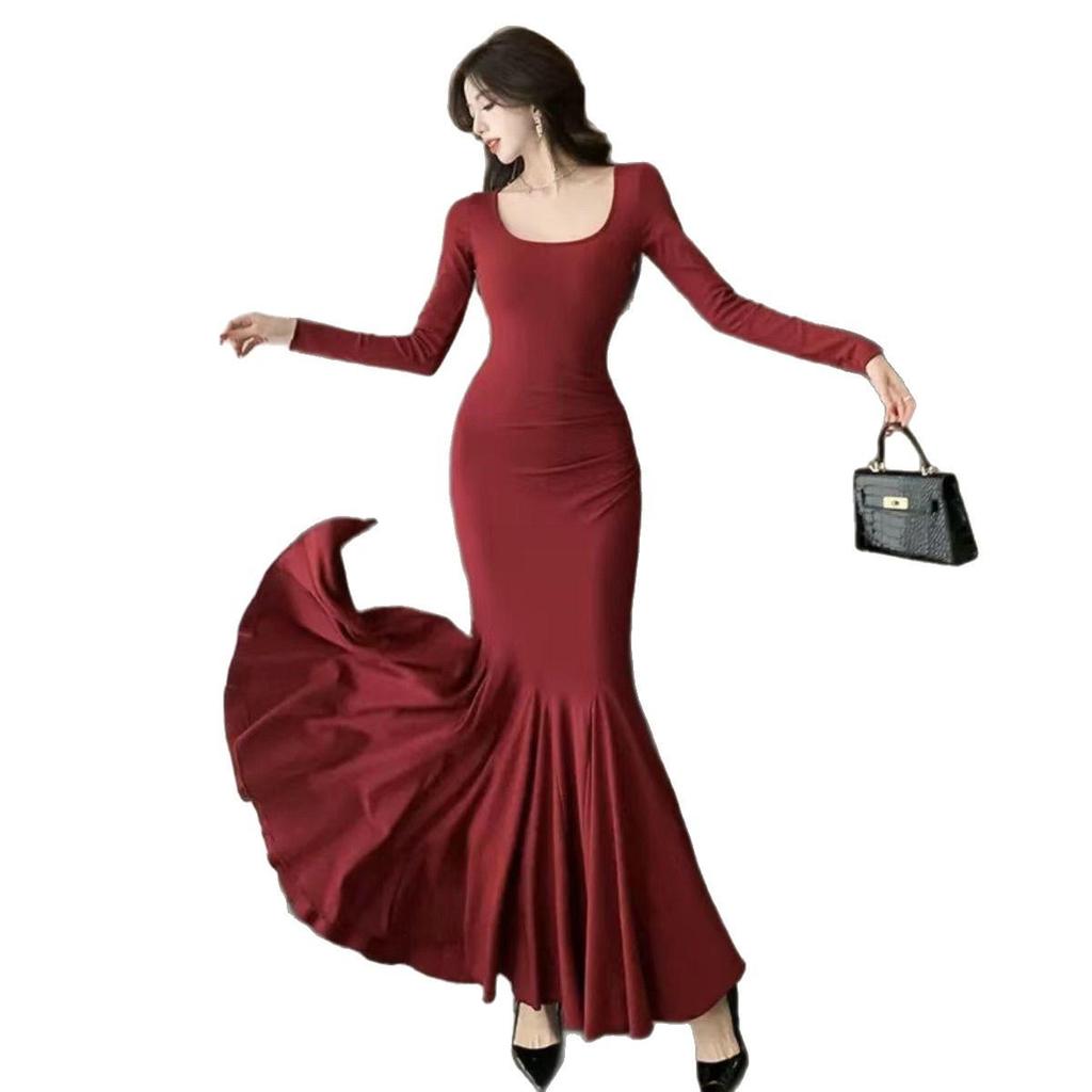 Lotus Square Neck Long Sleeve Women’s Fishtail Dress - Slim Waist Hip-Hugging Versatile Style for Spring and Autumn