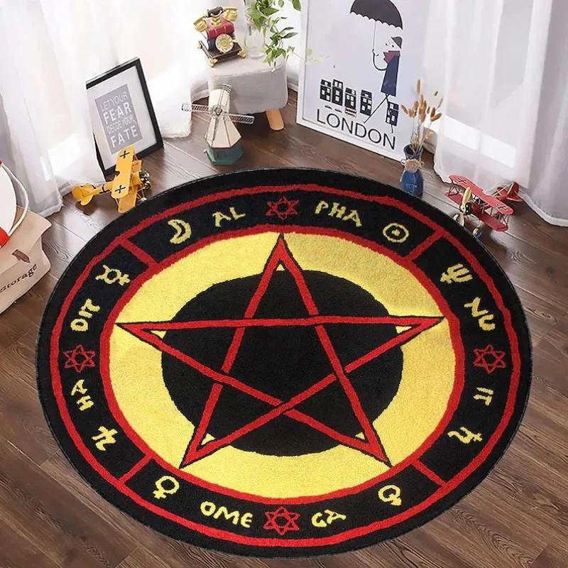 Mystic Symbol Print Round Area Rug, Crystal Velvet Astro Inspired Floor Mat for Living Room Bedroom Decor, Gothic Circle Carpet