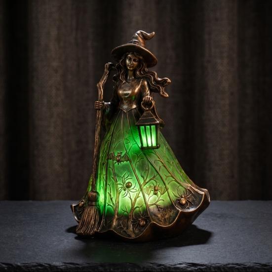 Spooky Home Decor Ornament Halloween Witch Tabletop Lamp, Gothic Night Light with Broom & Lantern, Desktop for Bedroom USB Powered Ambient Mantel
