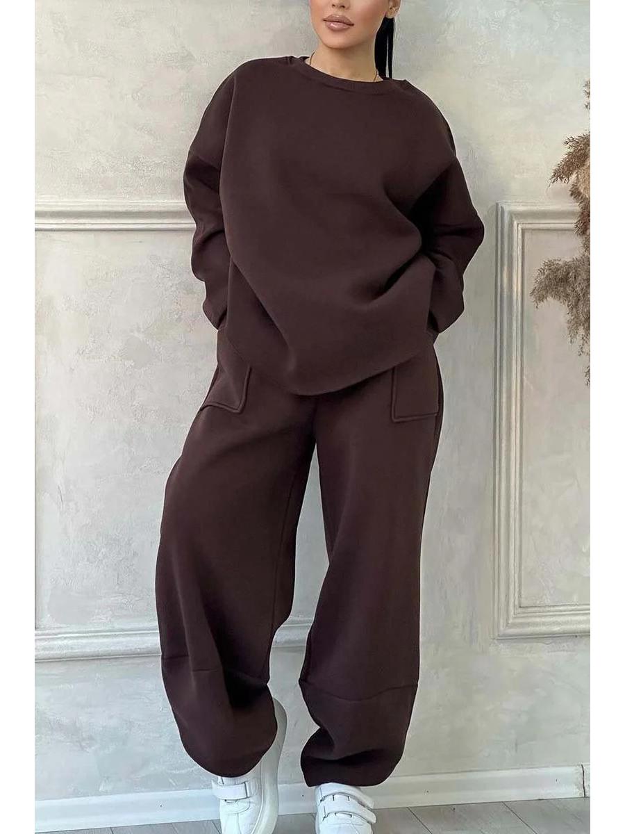 

2024 Женский повседневный однотонный комплект свитшота с круглым вырезом и длинными рукавами с карманом 3XL кофейный