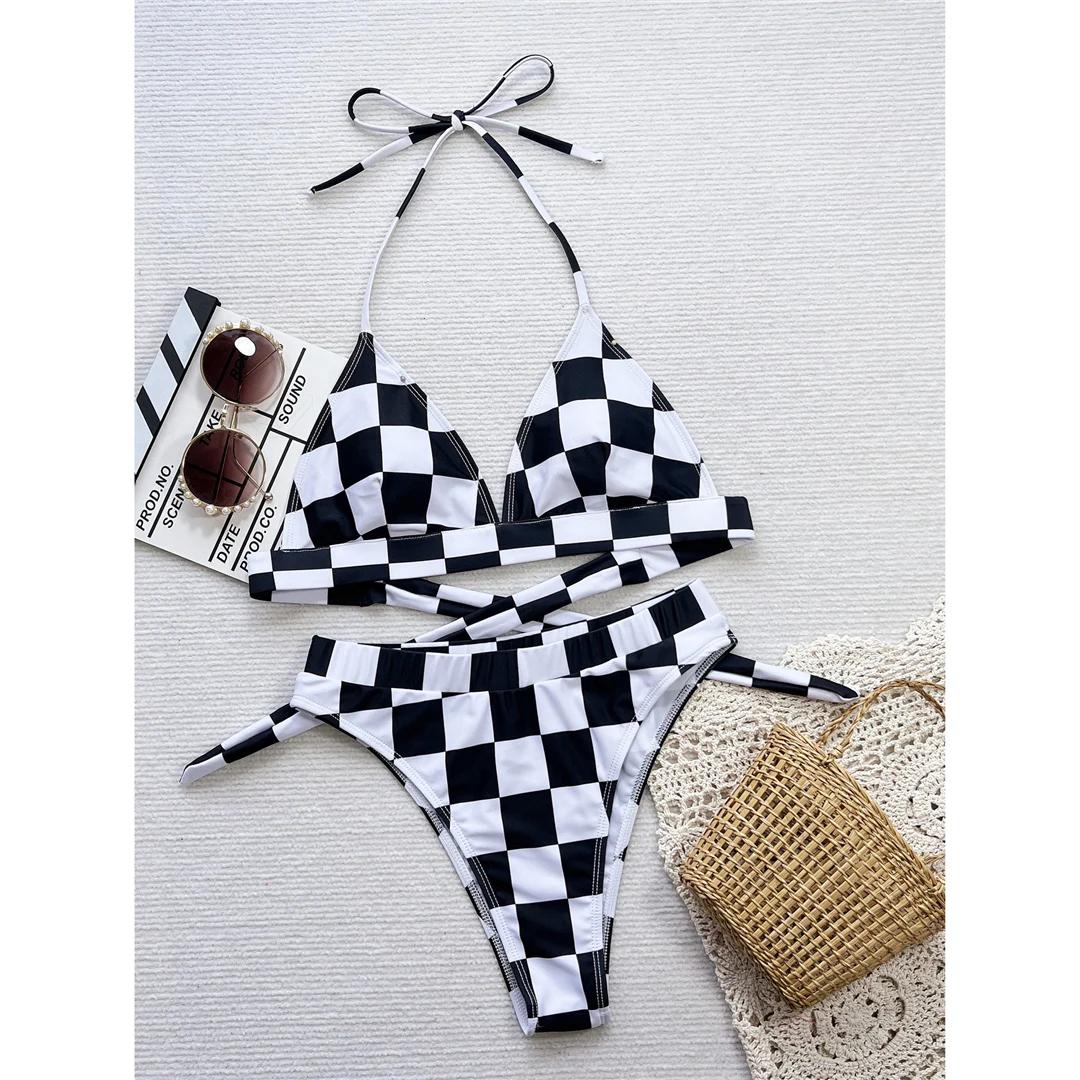 Schwarz Weiß karierter Neckholder Bikini mit mittlerer Taille Damen Badeanzug Damen Bademode Zweiteiliges Bikini-Set Bademode Badeanzug Schwimm M schwarz/weiß