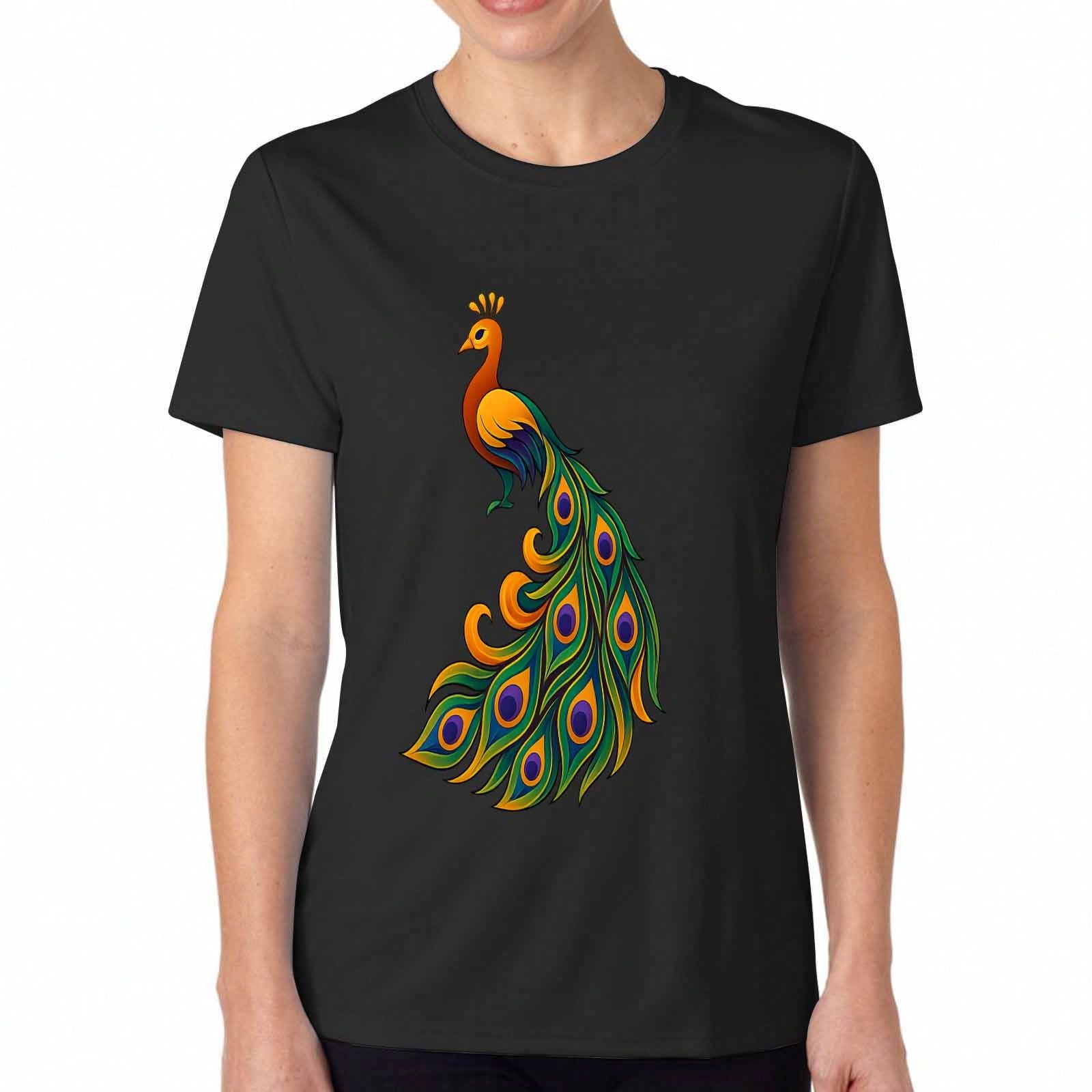 Peacock Ladies Cotton T Shirt, Pure Cotton Premium Print, Durable, Casual And Fashionable. Featuring A Vibrant Peacock Design With Colorful Feathers S разноцветный