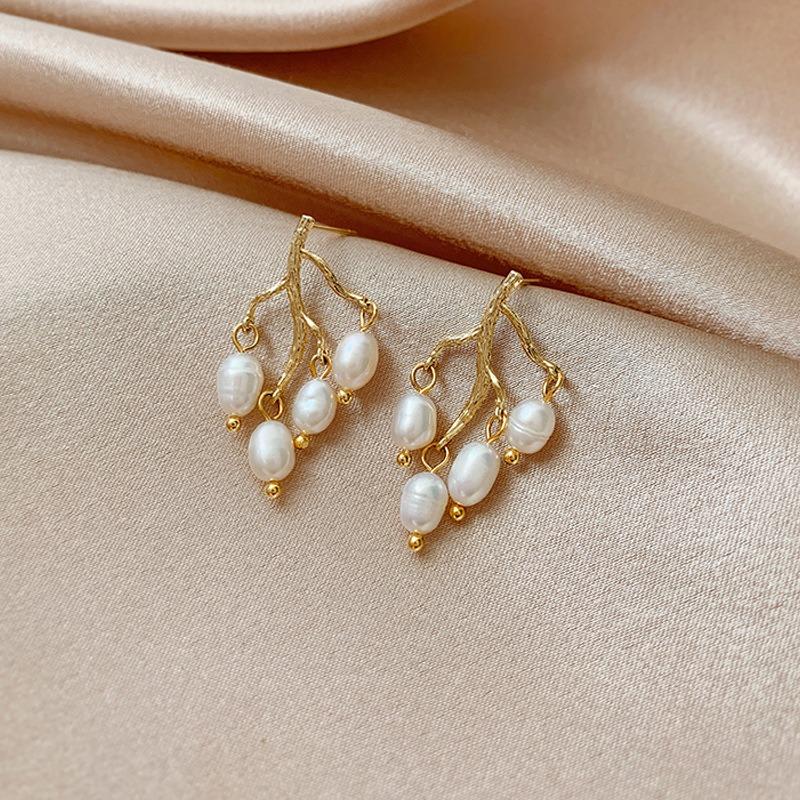 S925 Pearl Branch Earrings Baroque String Earrings Women's New Trendy Earrings Small and Sweet Ear Jewelry