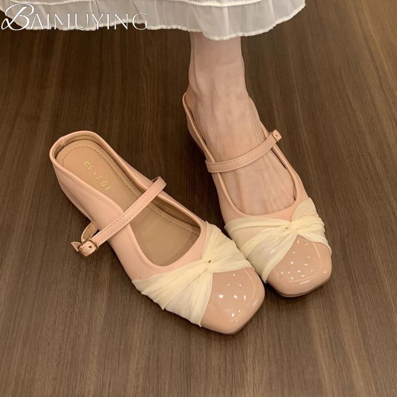 Women Slippers Flat Sandals Square Toe Marie Janes Shoes Woman Mules 2025 Trend Summer Soft Leather Loafers Shallow Sandalias