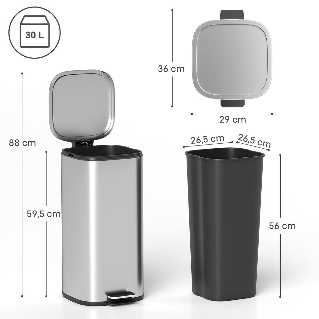 Kitchen Bin 30L, Pedal Bin with Removable Inner Bucket, Soft-close Lid, 29x36x59.5cm, Silver