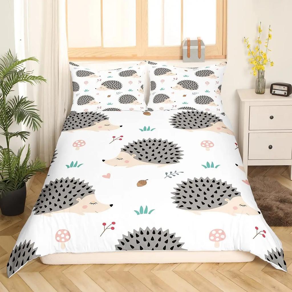 Hedgehog Duvet Cover Set 3D Cartoon Hedgehog Flower 2/3Pcs Bedding Set Kids Boys Girls Animal Queen Size Polyester Quilt Cover