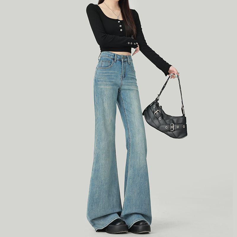 Women's 2025 Slim Fit Light Blue Micro Flare Floor-Length Bell Bottom Jeans