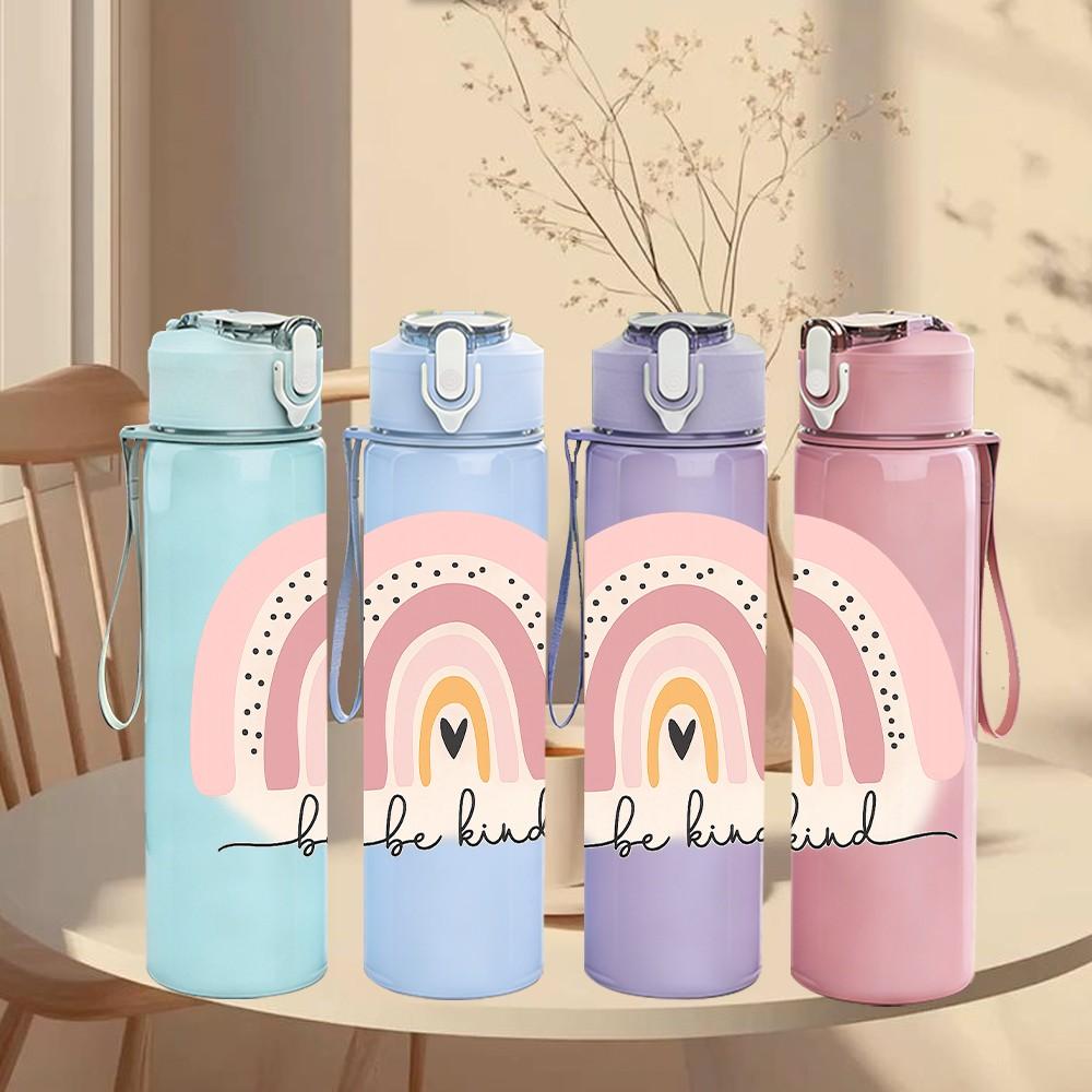 1PC Blessed Pastel Rainbow Arch Text Print 750ml Color Plastic Sports Water Bottle Leakproof Flip Straw Lid Suitable for Sports Office Home Use