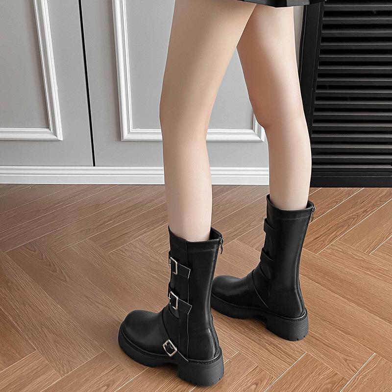 British Style Belt Buckle Medium Boots 2025 Autumn and Winter New Round Head Thick Heel Martin Boots Women's Western Knight Boots