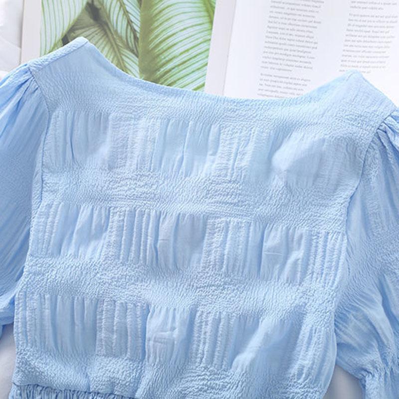 Ruffled Short-sleeve Shirt Nipped Waist Solid Pleated Button Down Top Female Chiffon Blouse Square Neck Chiffon Shirt