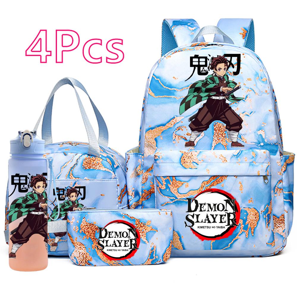 4 Pièces/ensemble Anime Demon Slayer Sac à Dos Imprimé Sac à Main Trousse à Crayons avec Bouteille d'Eau 750ml pour Adolescent Garçon Fille Grande Capacité Sac d'École Imperméable