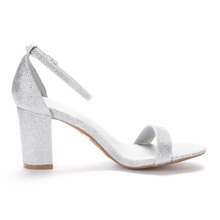 Women Sandals Summer Fashion Glitter Flash Sexy 8cm Thick High Heels Open Toes Buckle Strap Silver Gold Party Wedding Shoes