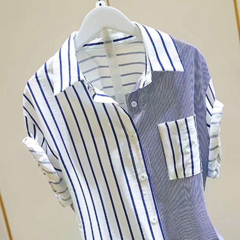 

Blue Striped Shirt Women s Short Sleeves Summer New Loose Top Splicing Chic Shirt M