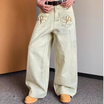 Women American Retro Embroidered Washed Jeans Y2K Loose Straight Denim Pants Streetwear