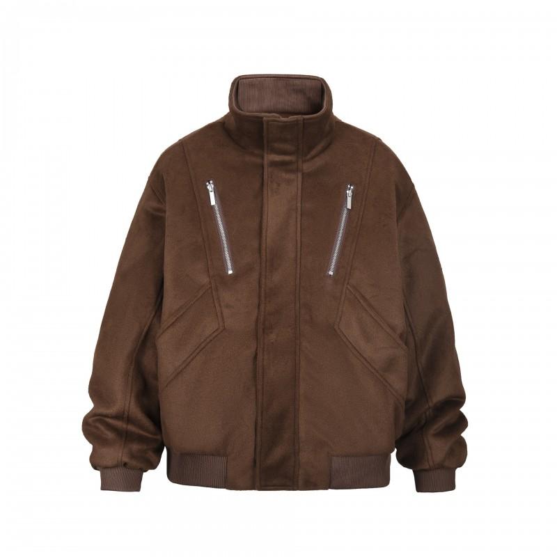 Mens Vintage Multi-Pocket Wool-Blend Short Jacket Stand Collar Zipper Loose Fit Brown Coat Fall Winter