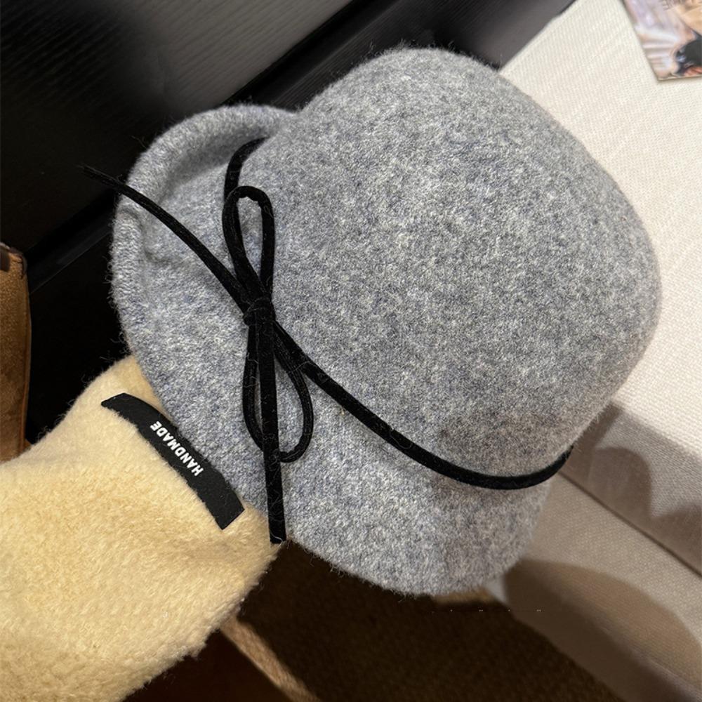 Elegant Woolen Bucket Hat Bowknot Wool Fisherman Hat Retro Hepburn Style Topper Hat Outdoor