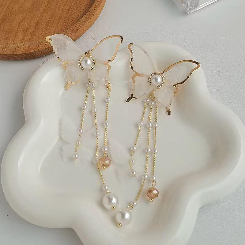 New Elegant Fairy Chiffon Buterfly Tassel Earrings For Women Fashion Imitation Pearl Dangle Drop Earrings Party Wedding Jewelry Gifts