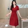 Elegant Red V-Neck Summer Dress for Women - Slim Fit, Waist-Cinching, Hepburn Style, Short-Sleeved