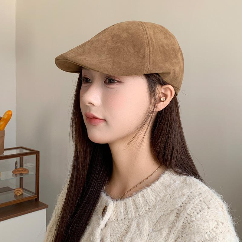 Suede Brown Forward Hat Women's Autumn and Winter British Retro Literary Beret Korean Style Face Showing Little Painter Hat