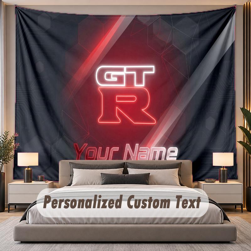 Custom Name Text Tapestry Nissan GT-R Personalized Polyester Wall Tapestry For Bedroom And Room