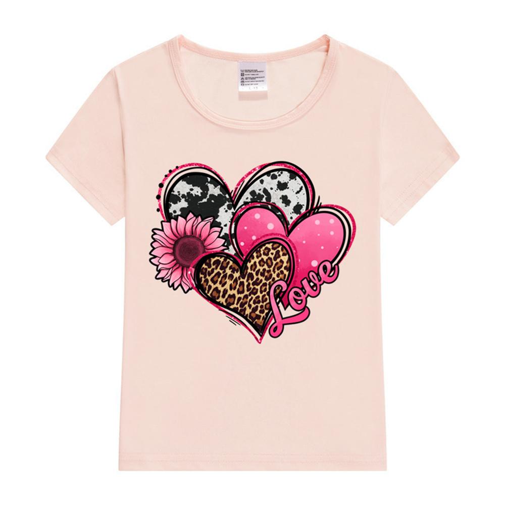 Girls Leopard Heart Graphic Short Sleeve Tee Shirt Kids Tshirt 100