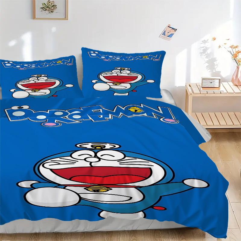 Set Lenzuola 3 Pezzi Stampa Doraemon Adventure Copripiumino con 2 Federe Cuscino Regalo di Compleanno per la Casa